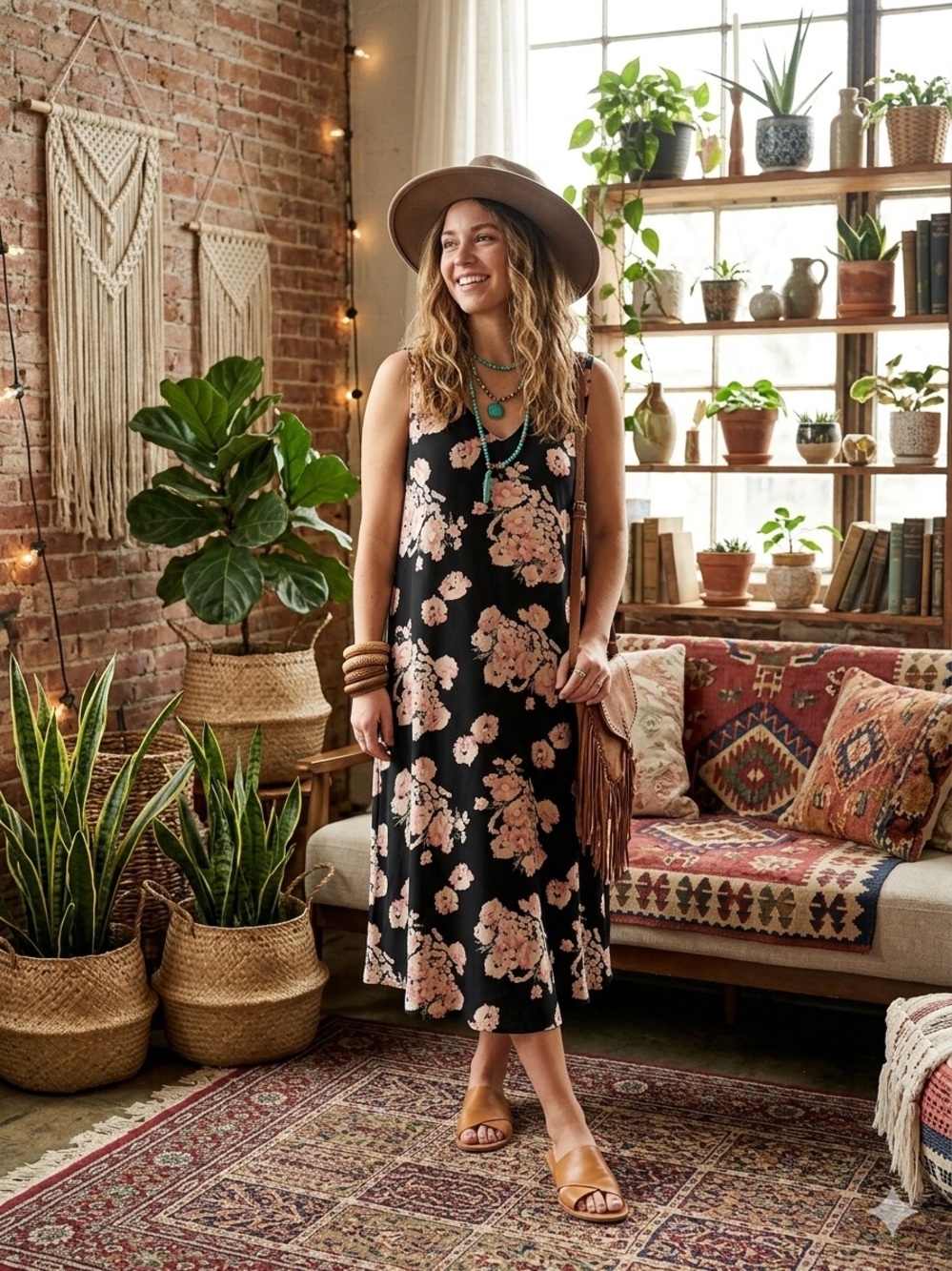 Black Maxi Dress with Blush Floral Print